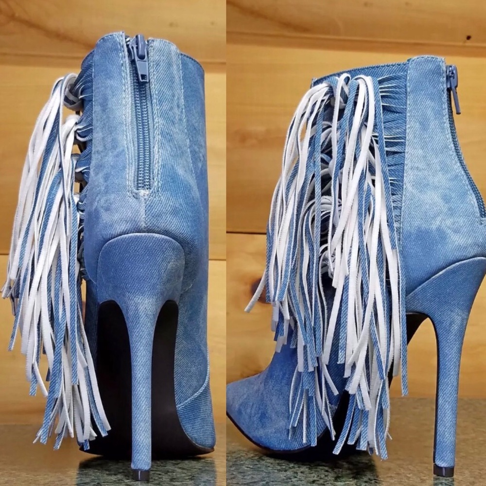 Luichiny pointy toe knitted side fringe denim boot